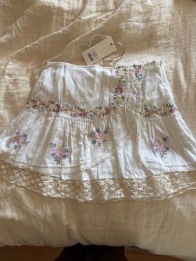 Loveshackfancy White Embroidered Tiered Skirt with Lace Trim